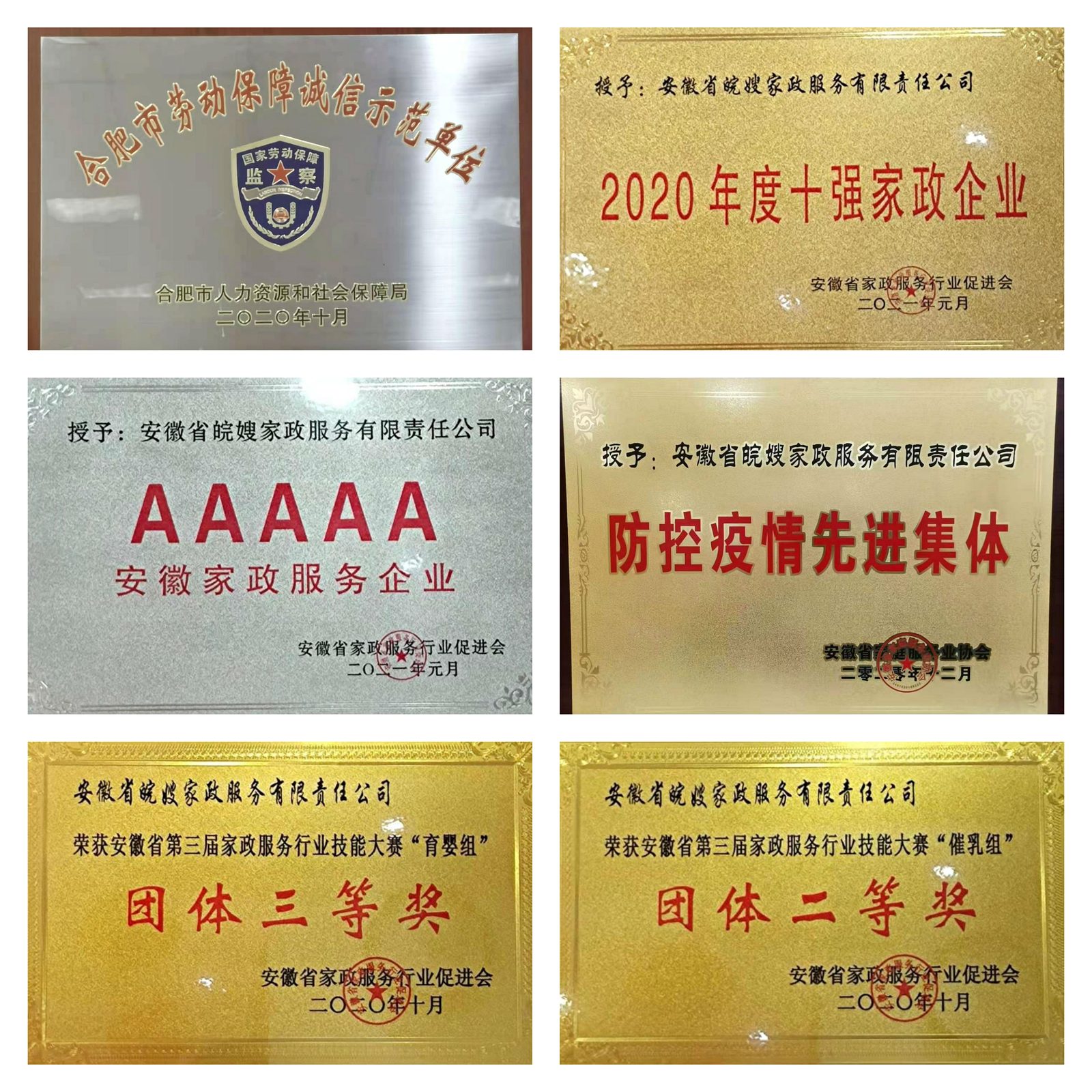 皖嫂家政荣誉证书